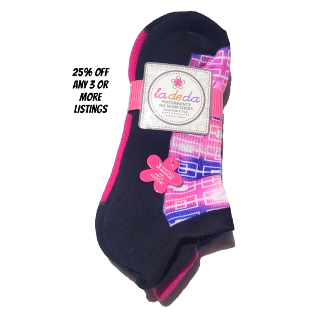 3 Pack Ankle Socks No Show  Striped Pink Thick Cozy Performance Arch Support